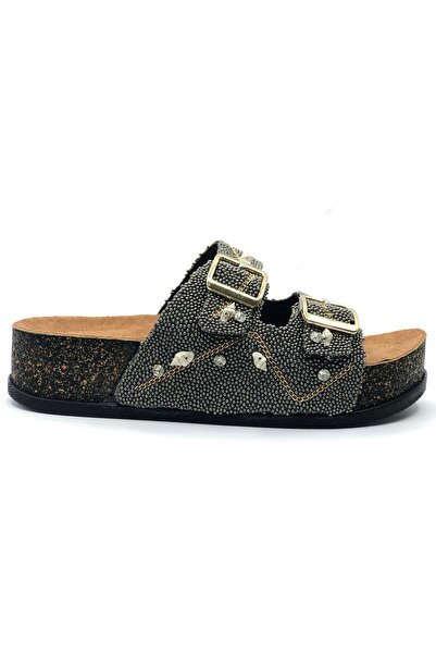 Kocamanlar Ayakkabı Feles Double Buckle Cork Sole Stone Detailed Women's Slippers Platinum