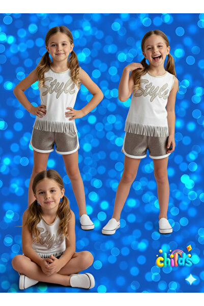 childs Tasseled Cotton Stone Printed Double Sleeveless T-Shirt Bronze Shiny Printed Shorts Girl's Summer Suit