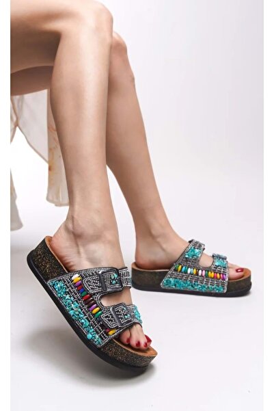 Kocamanlar Ayakkabı Feles Double Buckle Cork Sole Stone Detailed Women's Slippers Black