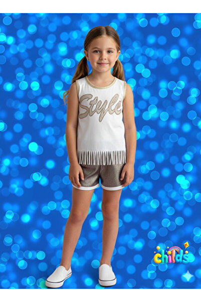 childs Tasseled Cotton Stone Printed Double Sleeveless T-Shirt Bronze Shiny Printed Shorts Girl's Summer Suit