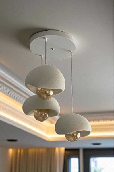 ZAVANSA Beyaz Modern Dekoratif BOHEM ve RUSTİK 3'lü Beton Görünüm Sarkıt Avize (Rustik Ampul Hediyedir)