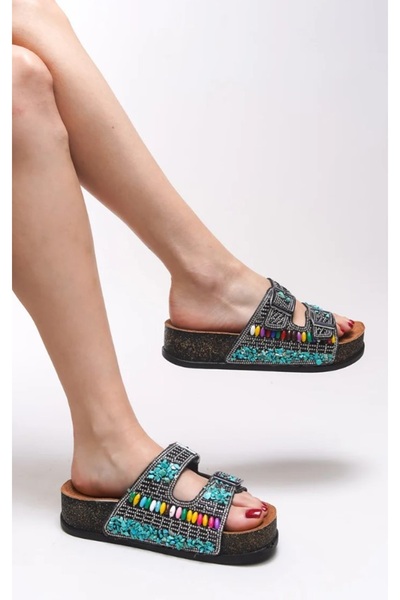 Kocamanlar Ayakkabı Feles Double Buckle Cork Sole Stone Detailed Women's Slippers Black