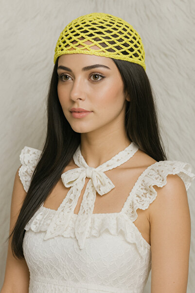 HAPPY HANDMADE Fosforlu Sarı Kroşe Şapka /Kleopatra Beresi/file Bere/yazlık Şapka/kleopatra Şapkası/mesh Hat