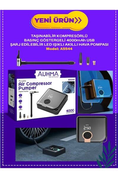ÇELİKWORK Kablosuz Basınç Göstergeli 4000mAh LED Işıklı Air Kompresör – USB P...
