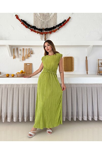 MODAMİNEM Kadın Fıstık Yeşili Piliseli Bağlama Detay Elbise