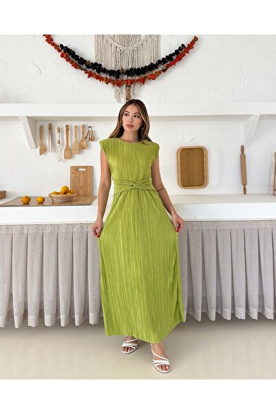 MODAMİNEM Kadın Fıstık Yeşili Piliseli Bağlama Detay Elbise