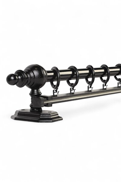 Twins Decorative Siyah Tek Raylı Ahşap Rustik Perde Askısı - 200 CM