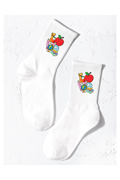 Tubinyoo White Color Printed Love Patterned Children's School Socks