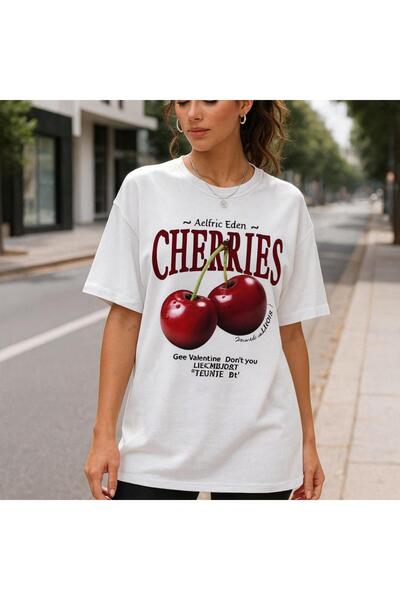 KOZİA OUTDOORS Tricou oversize cu imprimeu cu cireșe, cu guler rotund