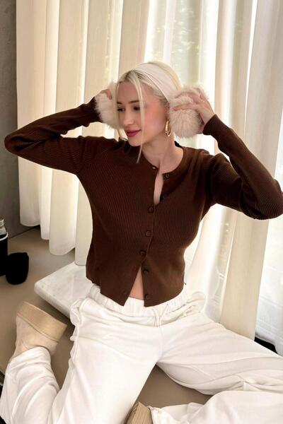 Seeh Kahverengi Düğmeli Uzun Kollu Triko Hırka SH209