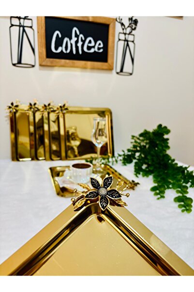 BİMOTE 6'lı Paslanmaz Çelik papatya lı Kare Gold Dekoratif Sunum Tepsi