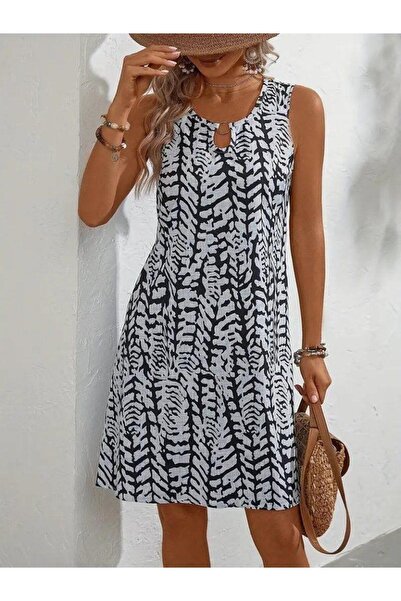 pendkamoda فستان نسائي من القماش الملتوي بياقة دائرية بدون أكمام (لون)