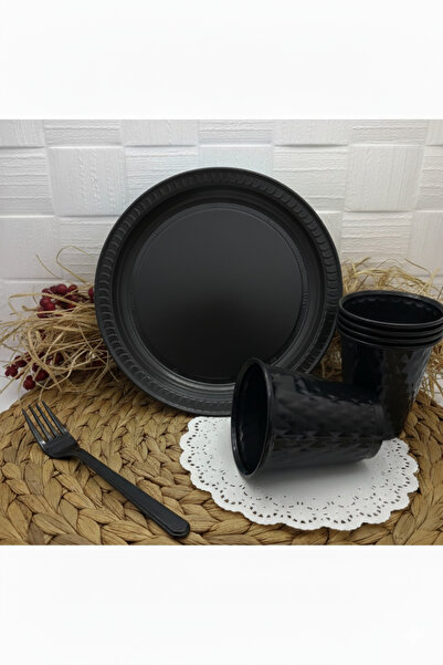 DENİZ Tabak Bardak Çatal Set Set 25 Li Yuvarlak 22 Cm ( Siyah )