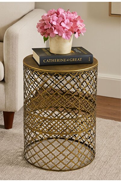 VENON Home Metal Modern Sehpa (350X480) Siyah Sarı Patine Dekoratif Sehpa Zigon Sehpa Orta