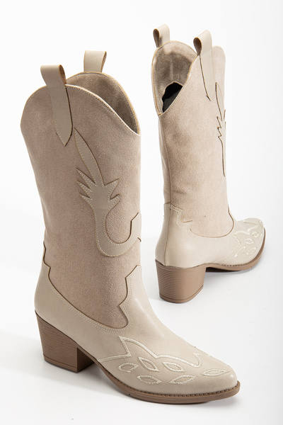 Ms Sugar Μπεζ Western Cowboy Boots - Δερμάτινο σουέτ με κέντημα και σχέδιο