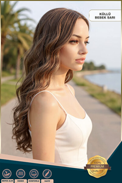 KONAK PERUK Su Dalgası Uzun Perçemsiz Fiber Sentetik Peruk - Küllü Bebek Sarı
