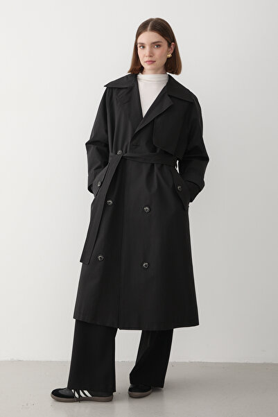 JASTE Kadın Siyah Kruvaze Yaka Astarlı Trençkot