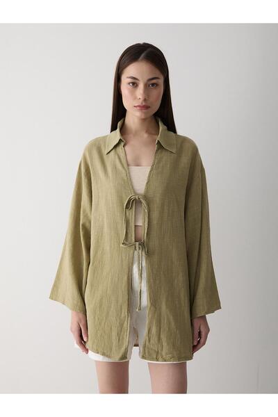 Laluvia Khaki 100% bavlněná lněná halenka kimono s krajkovým detailem