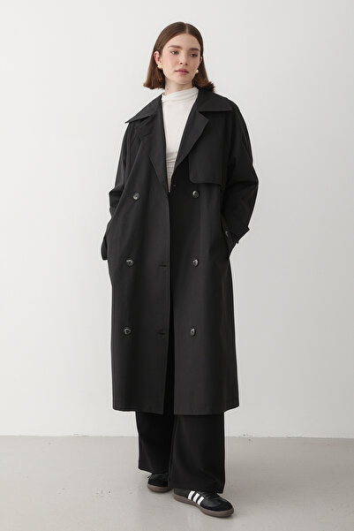 JASTE Kadın Siyah Kruvaze Yaka Astarlı Trençkot