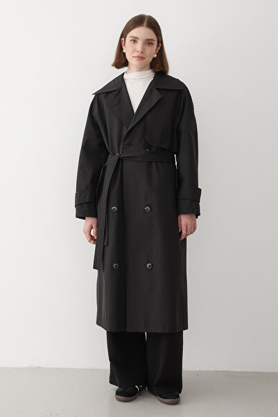 JASTE Kadın Siyah Kruvaze Yaka Astarlı Trençkot