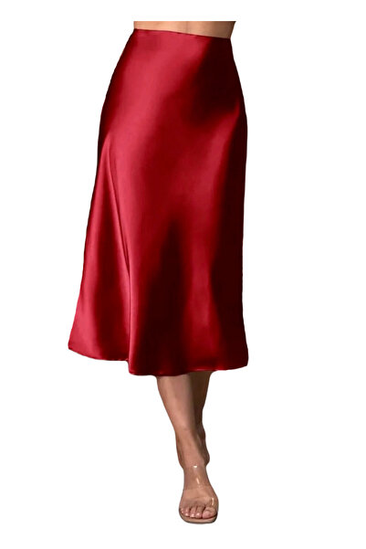 Kahra Collection Fusta roșie din satin, lungime midi, 78 cm. Fusta din satin ...