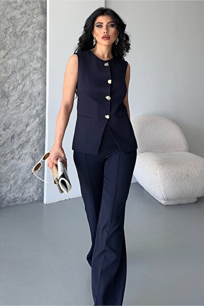 pembekurdelem Women's Design Buttoned Vest Trousers Suit Navy Blue