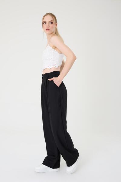 Hazel Women's Black Linen Buttoned High Waist Palazzo Pants