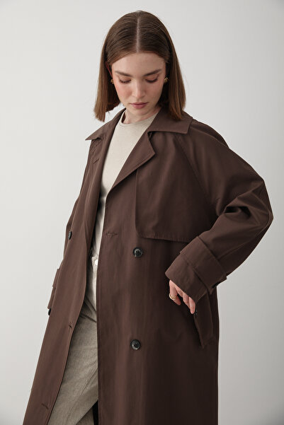 JASTE Women's Bitter Brown Double Breasted Collar Lined Trench Coat