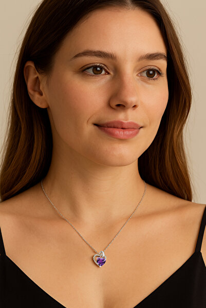 Brezza Lusso Jewelry Gümüş Ametist Taşlı Çift Kalp Kadın Gümüş Kolye