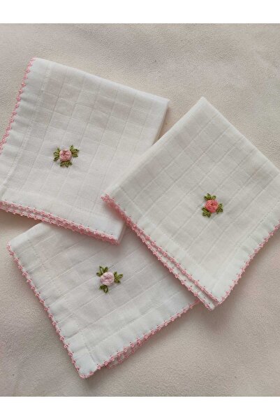 Rodin Lecro Bebek Ağız Mendili - %100 Pamuk - Beyaz Müslin Kumaş - Etrafı Tığ...