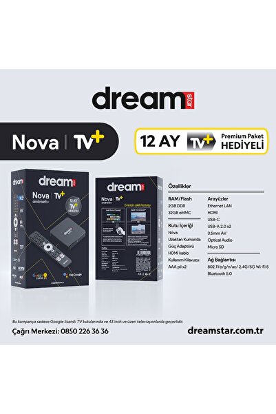 Dreamstar Nova | TV+ (12 AY TV+ PREMİUM ÜYELİK HEDİYELİ) 4K Lisansli Android TV Box | 32GB Hafıza