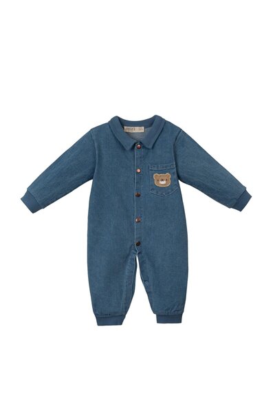 MixMax Bebe Baby Boy Bear Embroidered Soft Textured Premium Denim Jumpsuit