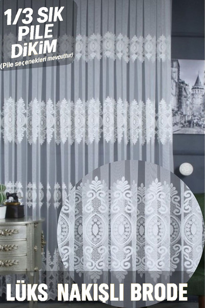 Fluiana Desenli Tül Perde Ekru, Kırık Beyaz | İşlemeli Nakışlı Kırışmaz Kumaş...