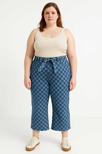 Artıbir Tekstil İmalat Kadın Mavi Dama Desenli Yüksek Bel Likralı Crop Paça Pantolon