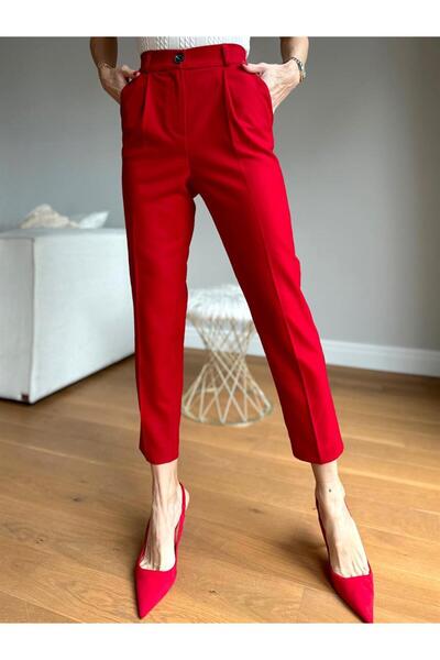 Maldia Shop Women's Elastic Waist Pocket Red Carrot Cotton Trousers