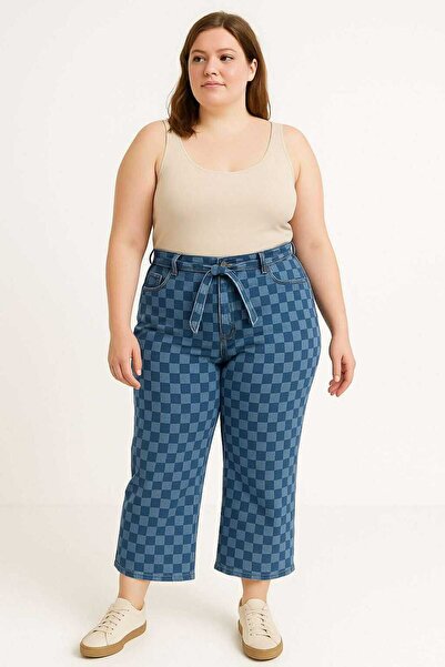 Artıbir Tekstil İmalat Kadın Mavi Dama Desenli Yüksek Bel Likralı Crop Paça Pantolon