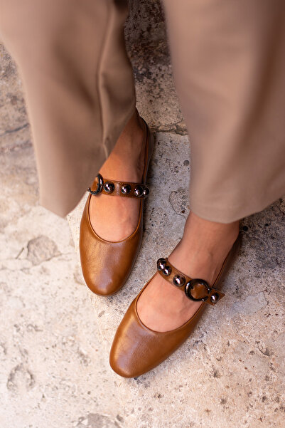 DESPİNA Lile Women's Black Bead Detailed Leather Look Comfortable Ballerina Shoes