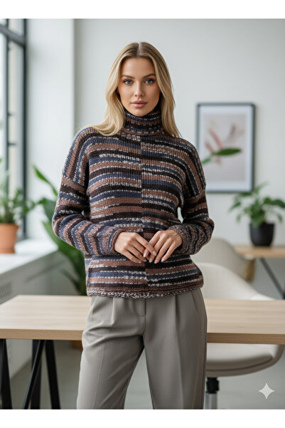 drt tasarım Kazak Balıkçı Yaka Boğazlı Kazak Kahve Siyah Batik Kışlık Kombin Giyim