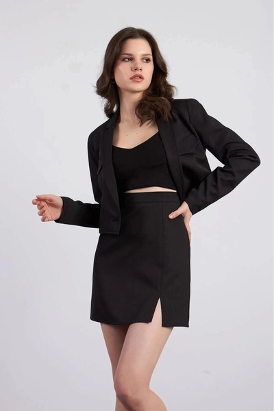 MetuCA Жіноча чорна класична пряма коротка міні-спідниця з високою талією та ...