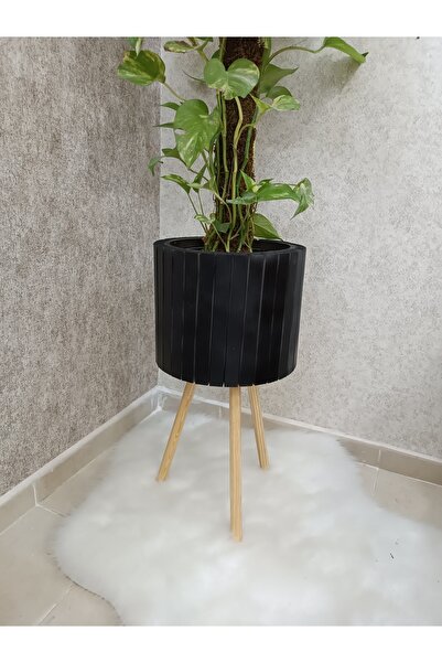 BLACK PEARL Ahşap Ayaklı Saksı Sepeti Halat Saksı Hasır Saksı