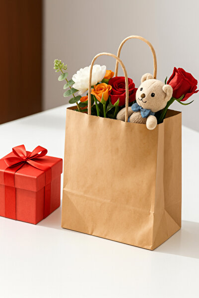 Dekals 5 Adet Burgu Saplı Kraft Çanta 25x12x31 Kulplu Hediye Poşeti