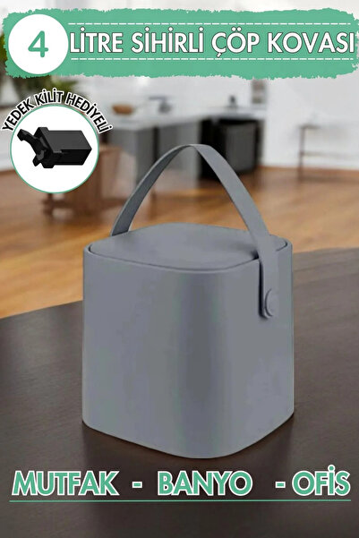 Olomo 4 Litre Sihirli Çöp Kovası Tutma Saplı İç Kovalı Tezgah Üstü Mutfak Banyo Ofis Çöp Kovası