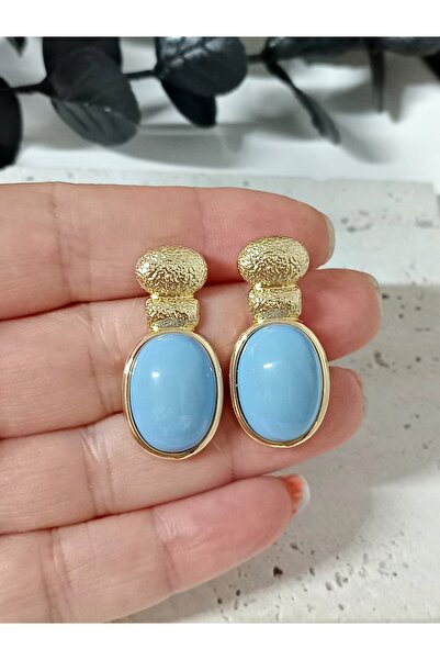 mos&more Kızılcık Şerbeti Gold Mavi Boncuklu Şık Klasik Küpe