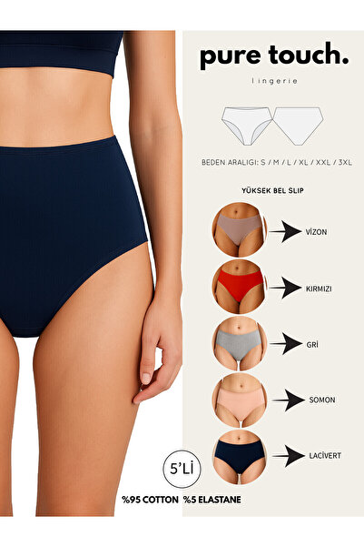 pure touch lingerie Kadın Yüksek Bel Külot 5'li Paket/Lacivert-Somon-Kırmızı-...