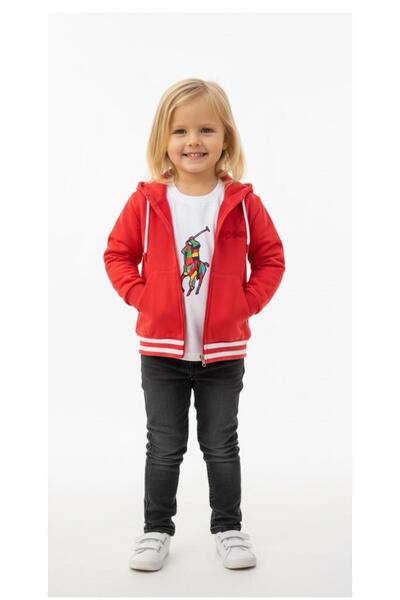 LİTTLE TORTOİSE Red Coral Colored Girl's Cardigan - Hooded, Zippered, Long Sleeve and Pocket