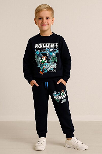 LİTTLE TORTOİSE Minecraft Game Desenli Mavi Renkli Erkek Çocuk Şardonlu Sweatshirt Takım