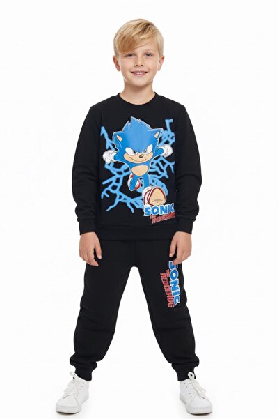 LİTTLE TORTOİSE طقم سويت شيرت موسمي مطبوع عليه سونيك للأولاد - طقم سفلي وعلوي