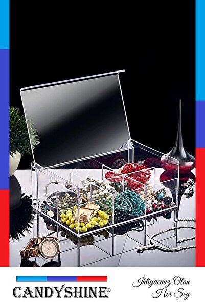 CandyShine Lüx Kapaklı 6 Bölmeli Dikdörtgen Mika Poşet Çay Standı Takı Mücevher Düzenleyici