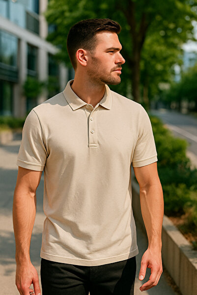 Maccali Erkek Slim Fit Kısa Kollu Basic Krem Polo Yaka Tişört