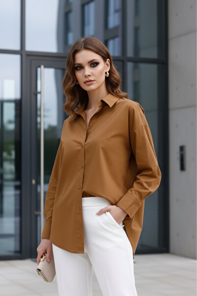 PASTELASTORE Γυναικείο πουκάμισο Milk Coffee 96% βαμβακερό εύκαμπτο ποπλίνα 1163
